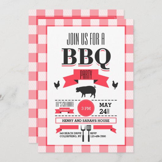 Red Check BBQ-uitnodiging Kaart (Voorkant / Achterkant)
