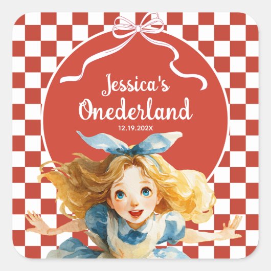 Red Checkered Alice in ONEDERLAND 1st Birthday Vierkante Sticker (Voorkant)