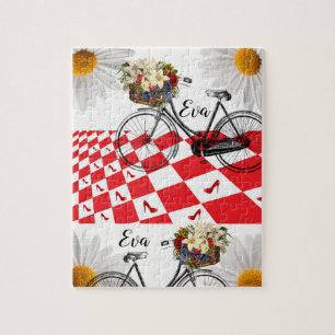 Red Checkered Floral Bike Jigzaag Puzzle Daisy Legpuzzel