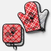Red Checkered Mr & Mrs Hearts Monogram Ovenwant & Pannenlap Set (Voorkant / Achterkant)