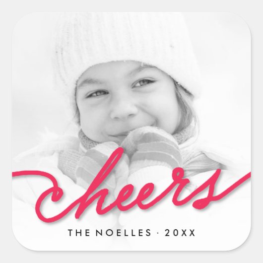 Red Cheers Calligraphy Script Modern Photo Holiday Vierkante Sticker (Voorkant)