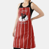 Red Chef's Kitchen Rooster Striped Apron Schort (Insitu)