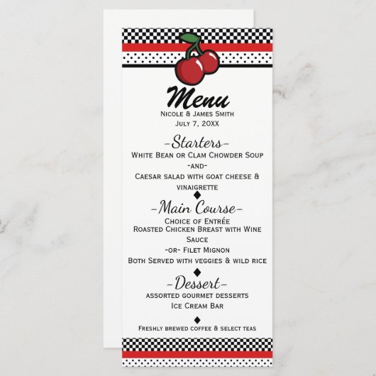 Red Cherries Black & White Custom Invitation Menu (Devant / Derrière)