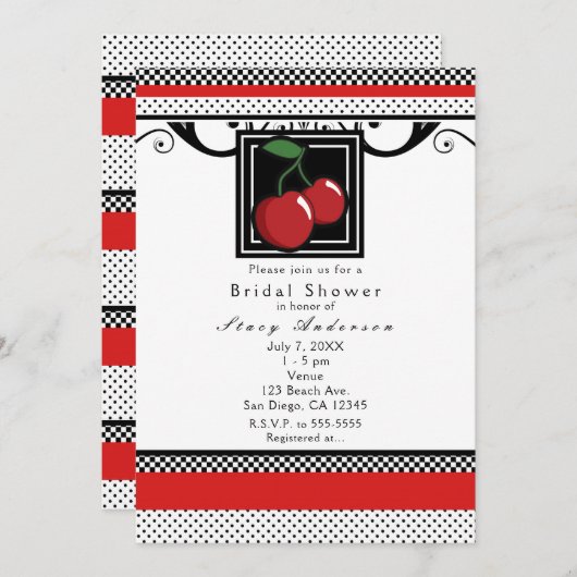 Red Cherries Black White & Red Invitations (Devant / Derrière)