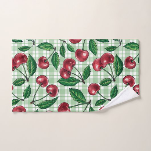 Red cherries on light green gingham (Serviette à main)