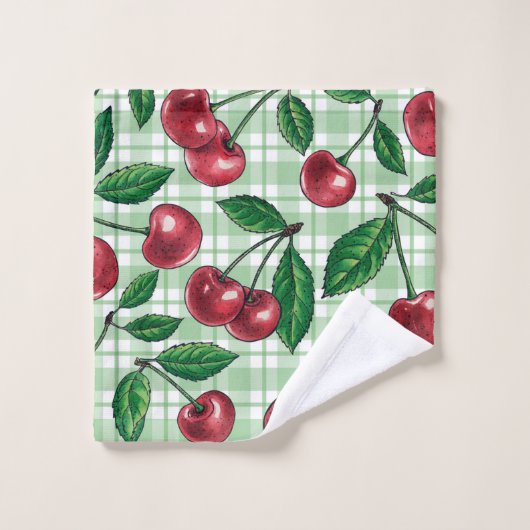 Red cherries on light green gingham bad handdoek (Wasdoekje)