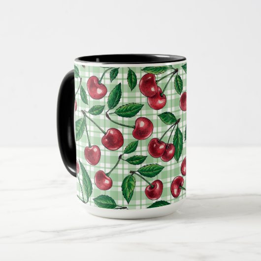 Red cherries on light green gingham mok (Voorkant links)