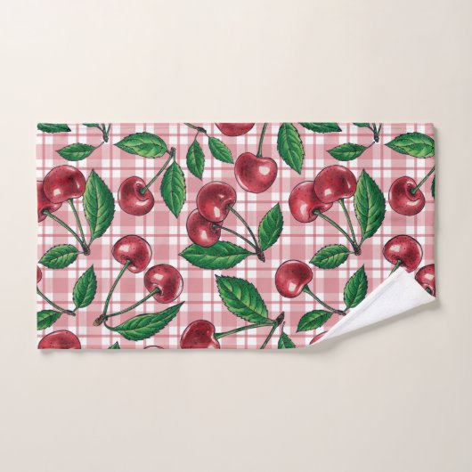 Red cherries on pink gingham (Serviette à main)
