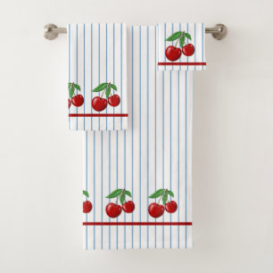 Red Cherries op Blue Stripes Graphic Pattern Bad Handdoek
