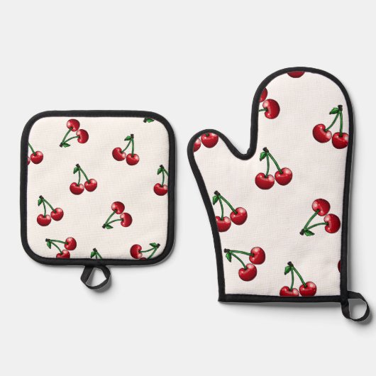 Red Cherries Pattern Design Ovenwant & Pannenlap Set (Voorkant)