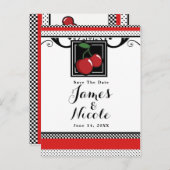 Red Cherries Retro Glam Zwart & Rood Bewaar de dat Aankondigingskaart (Voorkant / Achterkant)