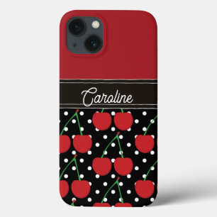 Red Cherry Black Polka Dots gepersonaliseerd iPhone 13 Hoesje