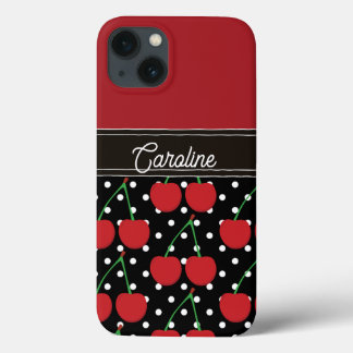 Red Cherry Black Polka Dots  gepersonaliseerd iPhone 13 Hoesje
