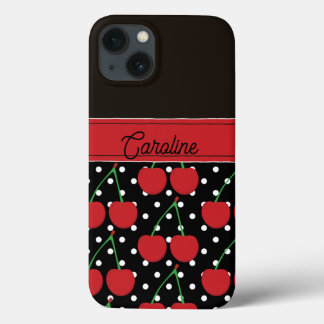 Red Cherry Black Polka Dots  gepersonaliseerd iPhone 13 Hoesje