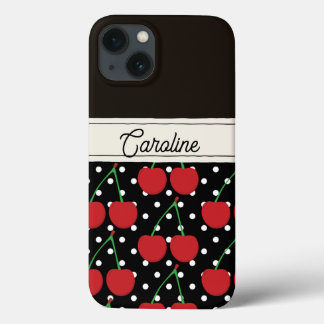 Red Cherry Black Polka Dots  gepersonaliseerd iPhone 13 Hoesje