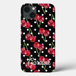 Red Cherry Black Polka Dots gepersonaliseerd iPhone 13 Hoesje