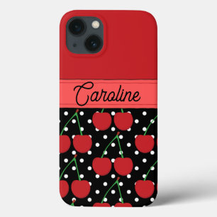 Red Cherry Black Polka Dots gepersonaliseerd iPhone 13 Hoesje