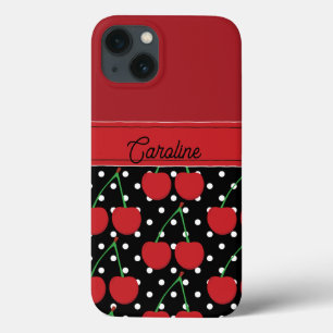 Red Cherry Black Polka Dots gepersonaliseerd iPhone 13 Hoesje
