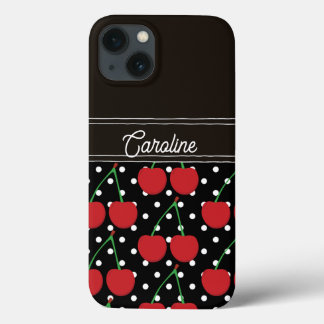 Red Cherry Black Polka Dots  gepersonaliseerd iPhone 13 Hoesje