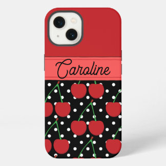 Red Cherry Black Polka Dots gepersonaliseerd iPhone 13 Hoesje