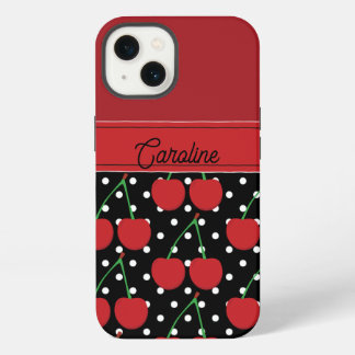 Red Cherry Black Polka Dots gepersonaliseerd iPhone 13 Hoesje