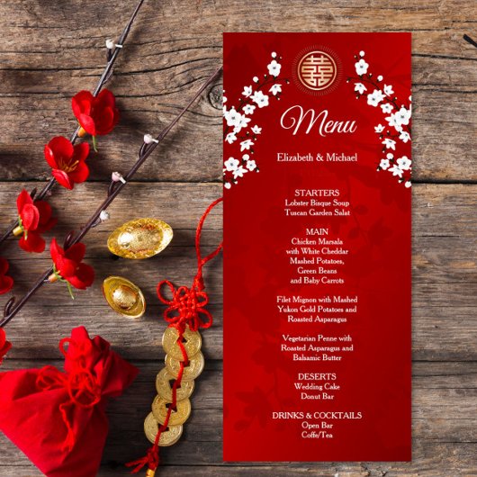 Red Cherry Blossom Chinese Wedding Menu Kaart