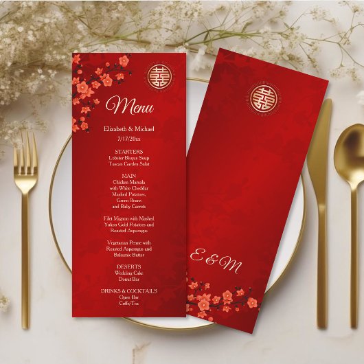 Red Cherry Blossom Chinese Wedding Menu Kaart