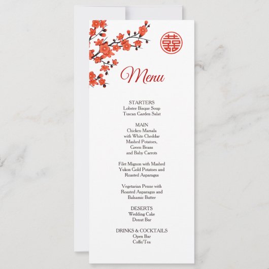 Red Cherry Blossom Chinese Wedding Menu Kaart (Voorkant)