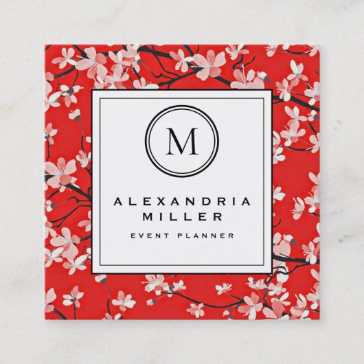Red Cherry Blossom Floral | Monogram Vierkante Visitekaartje (Voorkant)
