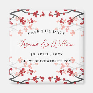 Red Cherry Blossoms Sakura Flowers Save The Date Magneet