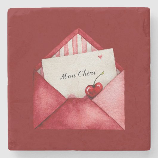 Red Cherry Heart Envelope Valentine's Day Stenen Onderzetter (Voorkant)
