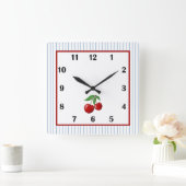 Red Cherry op Blue Stripes Vierkante Klok (Huis)