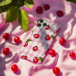 Red Cherry Pink Gingham Plaid Pattern Telefoonhoes iPhone 14 Plus Hoesje