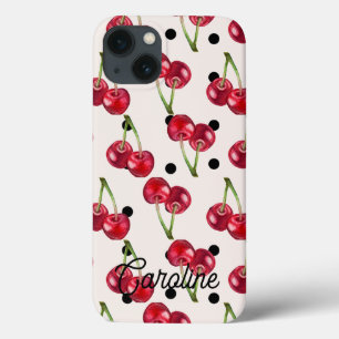 Red Cherry Polka Dots Girly gepersonaliseerd iPhone 13 Hoesje