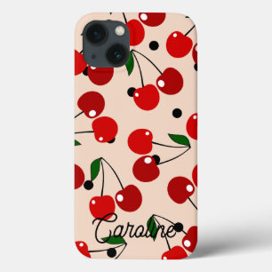 Red Cherry Retro Polka Dots  gepersonaliseerd iPhone 13 Hoesje