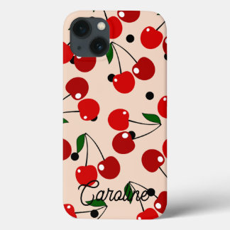 Red Cherry Retro Polka Dots gepersonaliseerd iPhone 13 Hoesje