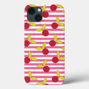 Red Cherry Roze en White Stripe iPhone 13 Hoesje