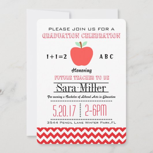 Red Chevron/Apple Teacher Afstuderen Invitation Kaart (Voorkant)