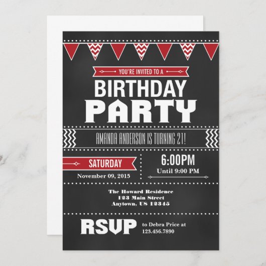 Red Chevron Chalkboard Invitation d'anniversaire (Devant / Derrière)