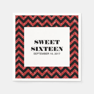 Red Chevron Glitter Sweet 16 Paper Napkins Servet