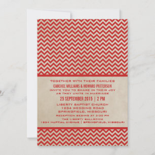Red Chic Chevron Wedding Invite Kaart