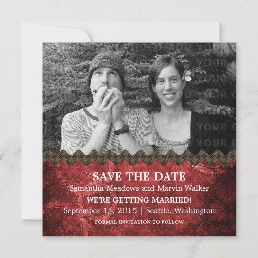 Red Chic Steampunk Photo Save the Date Invite Kaart (Voorkant)