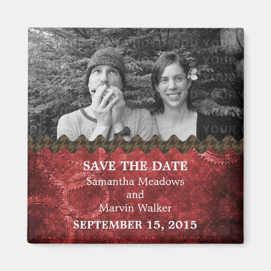 Red Chic Steampunk Photo Save the Date Magnet (Devant)