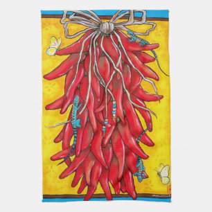 Red Chili Pepper Ristra Towel Lizard Geel Theedoek