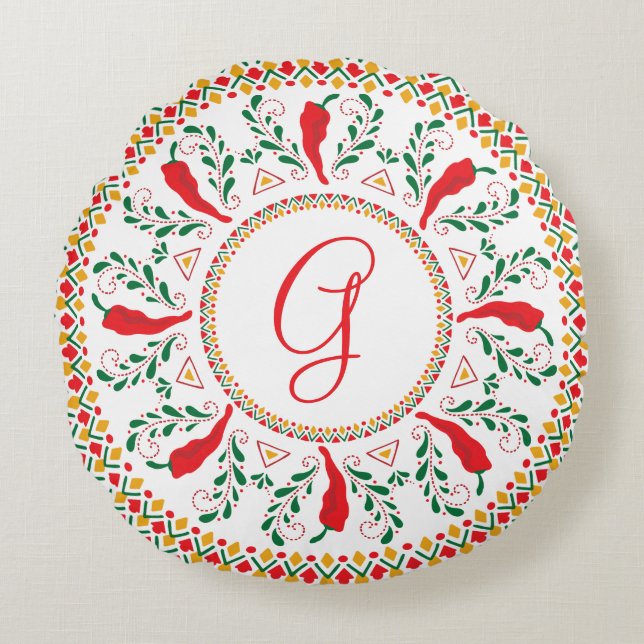 Red Chili Pepper Wreath Rond Kussen (Voorkant)