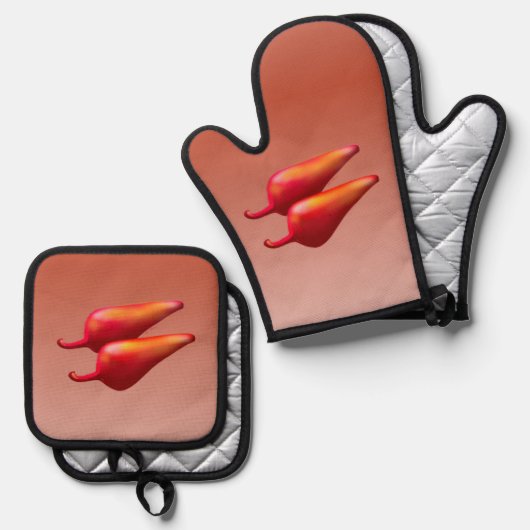 Red Chili Peppers zilveren ovenwanten potholder se Ovenwant & Pannenlap Set (Voorkant / Achterkant)