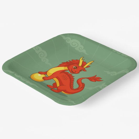 Red Chinese Dragon on Green Papieren Bordje (Gebogen)