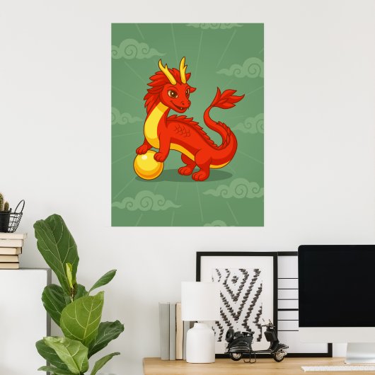 Red Chinese Dragon on Green Poster (Thuiskantoor)