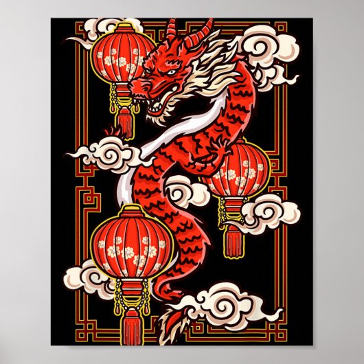 Red Chinese New Year Of The Dragon 2024 Lanterns C Poster (Voorkant)