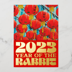 Red Chinese Water 2023 Rabbit New Year Gold Folie Uitnodiging